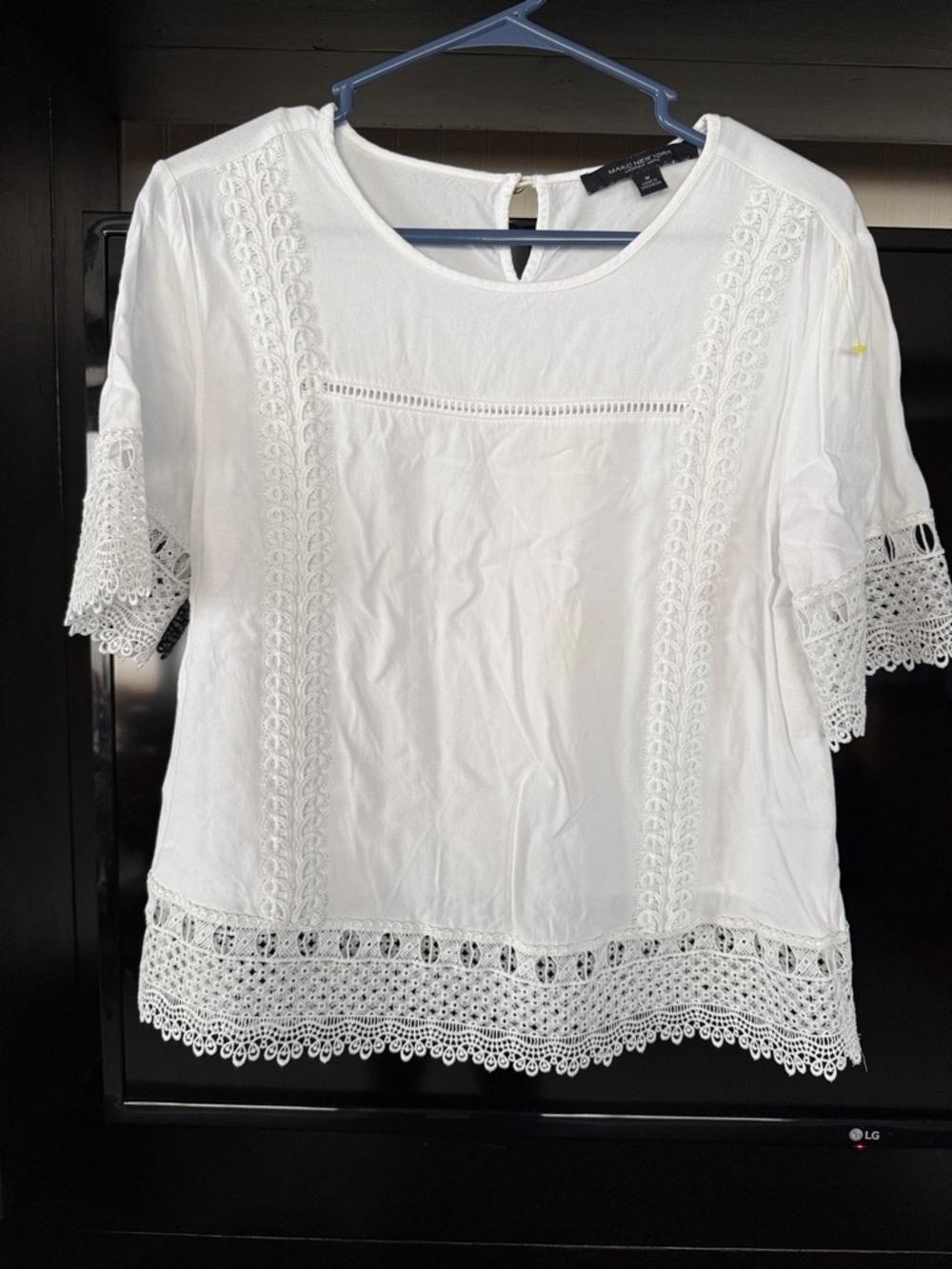 Marc New York White Lace-Trim Short Sleeve Blouse